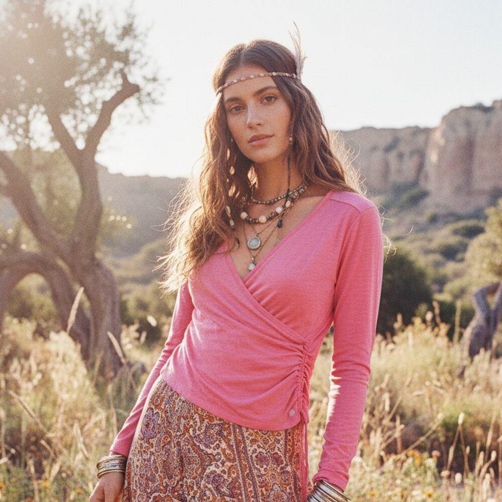 Apana Pink Wrap Blouse With Cinching Longsleeve With Thumb Hole Size M‎